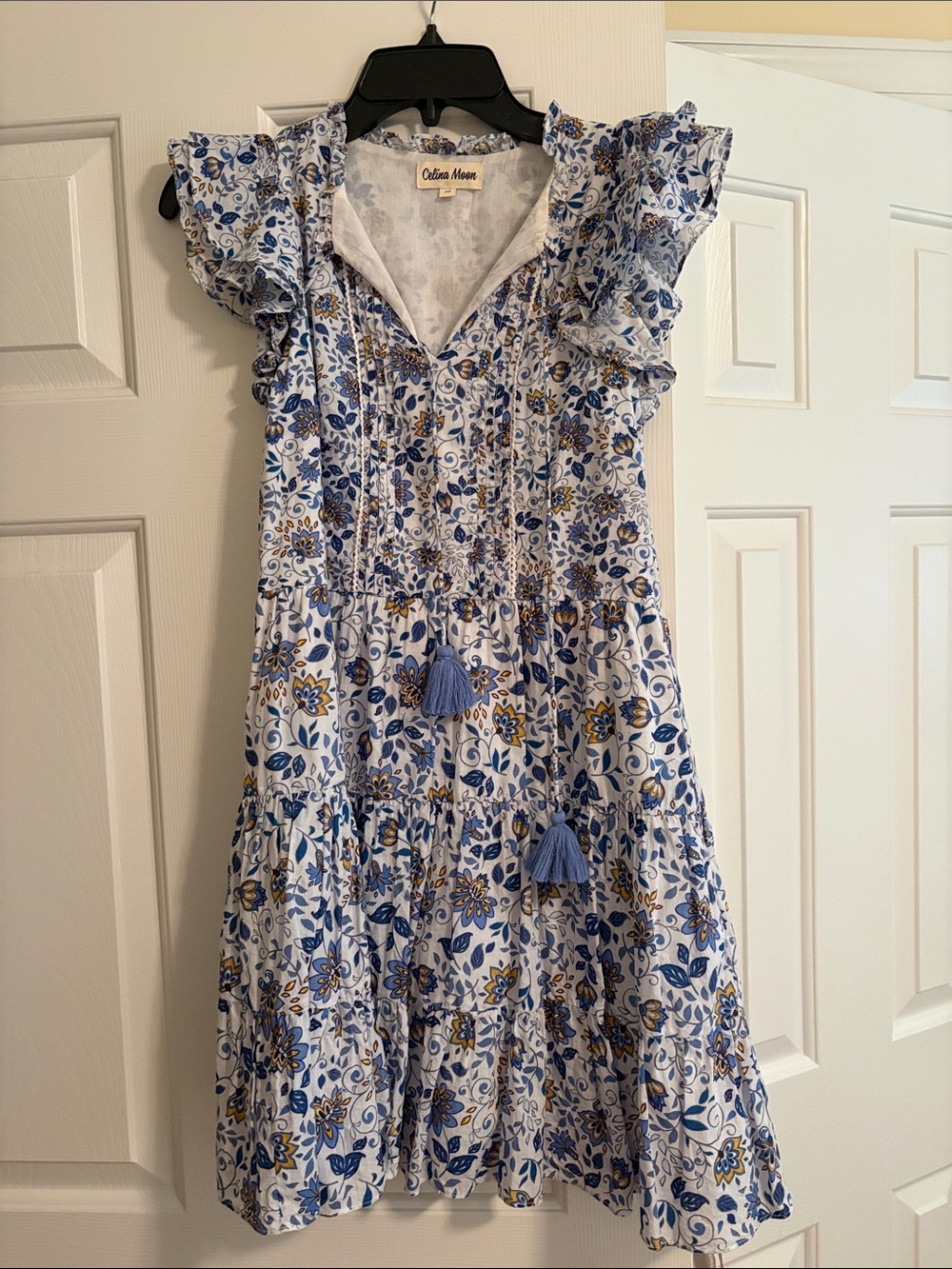 CELINA MOON Blue, White & Yellow Floral Tassel Tiered Dress